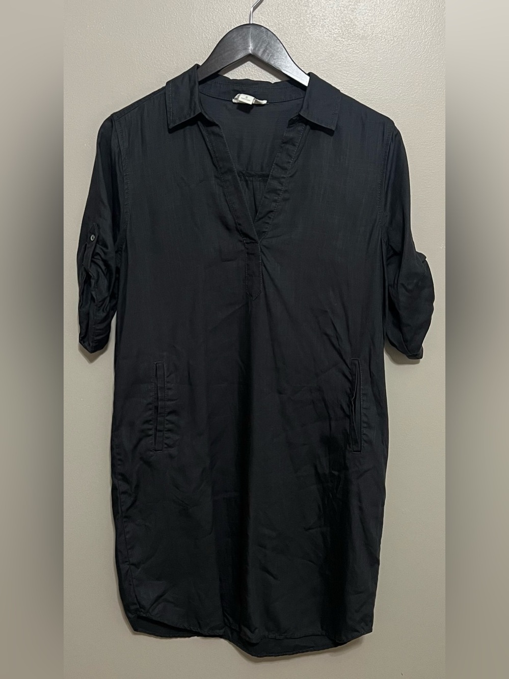 Loft lounge outlet roll-up sleeve dark grey tunic dress v-neck pockets Size S